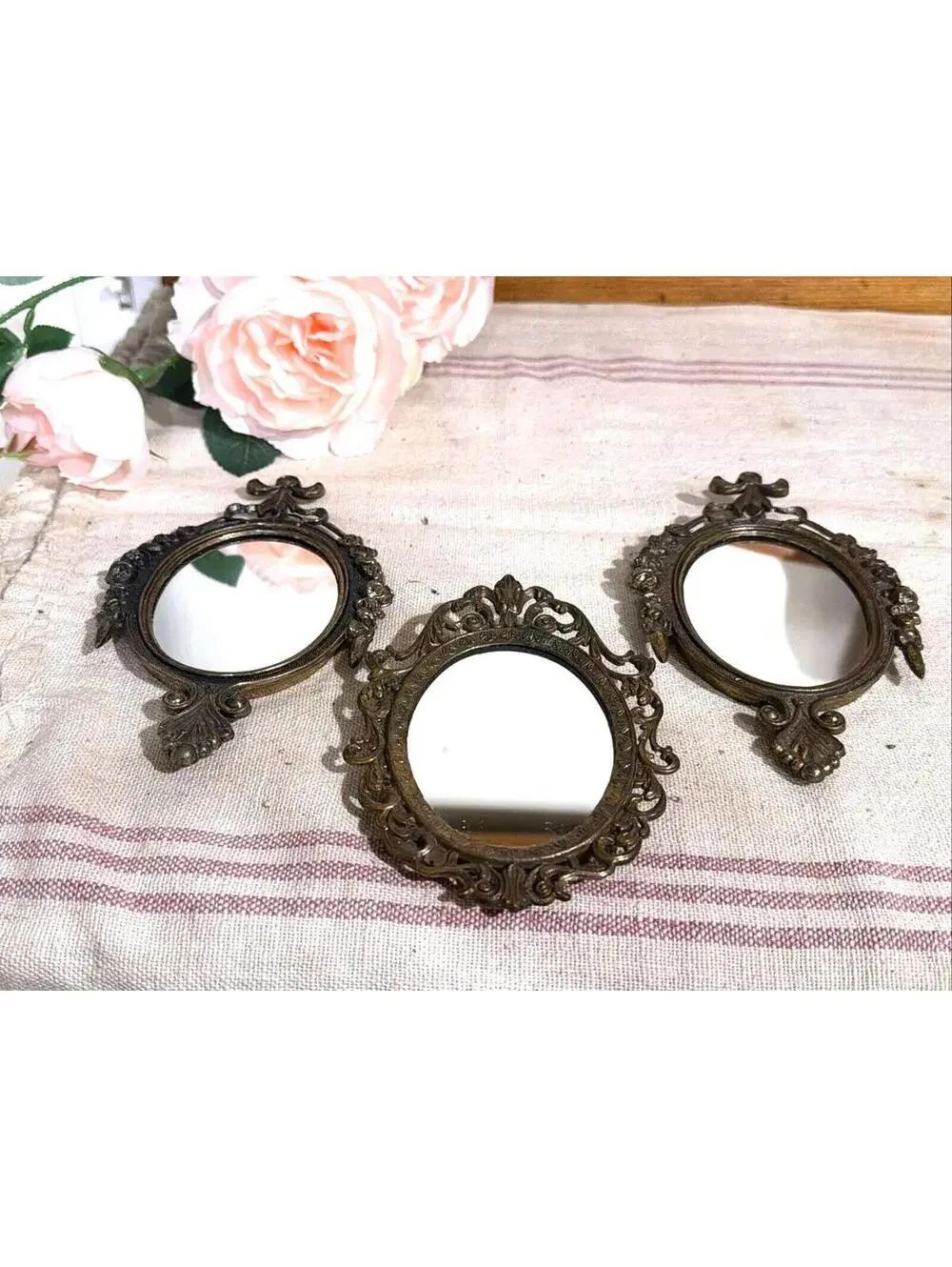 VTG Italian Ornate Brass Oval Wall Mirror Rose Scrollwork Florentine Italy Lot 3